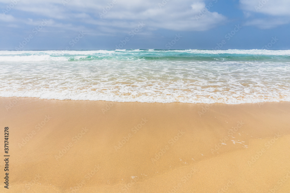 Fototapeta premium View of the ocean waves, sandy beach and sky.