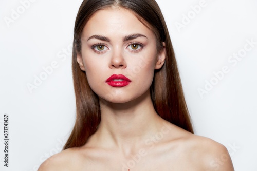 Brunette Nude shoulders red lips look forward attractive natural look 