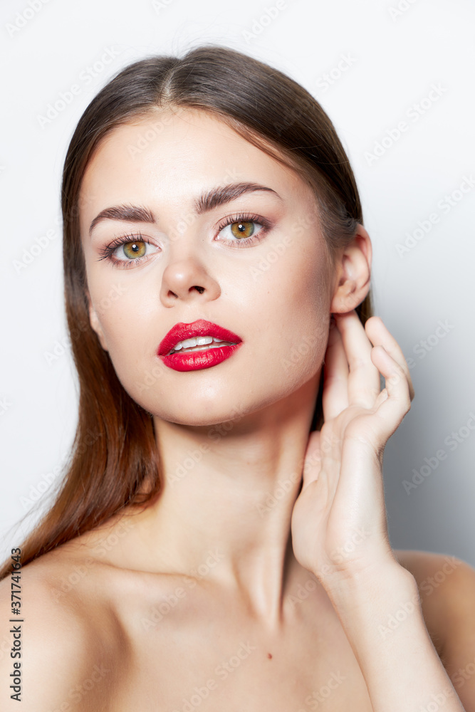 Brunette Nude shoulders charm red lips natural look Brunette Nude shoulders charm red lips natural look