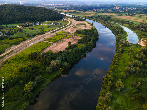 Vistula River and Riverside near Cracow at Sunrise. Aerial Drone View