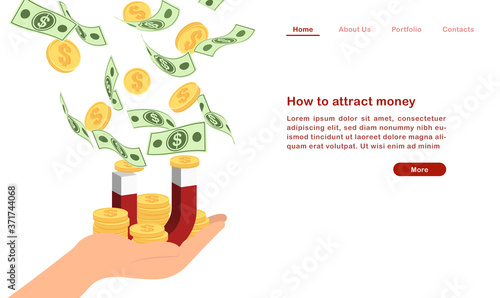 Website landing page template cartoon how to attract money concept finanacial currency bill golden coin and magnet