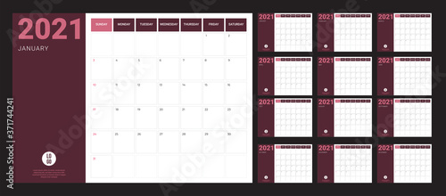 2020 Calendar - illustration. Template. Mock up Week starts Sunday