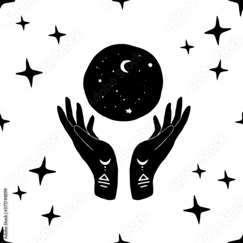 Vector seamless pattern of henna mystic mudra hands, moon and stars. Great for fabric, wrapping paper. Aztec stile, tribal art, ethnic collection, design isolated on white background.