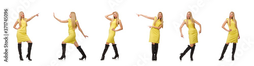 Pretty fair girl in yellow dress isolated on white