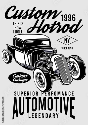 classic hotrod black and white illustration