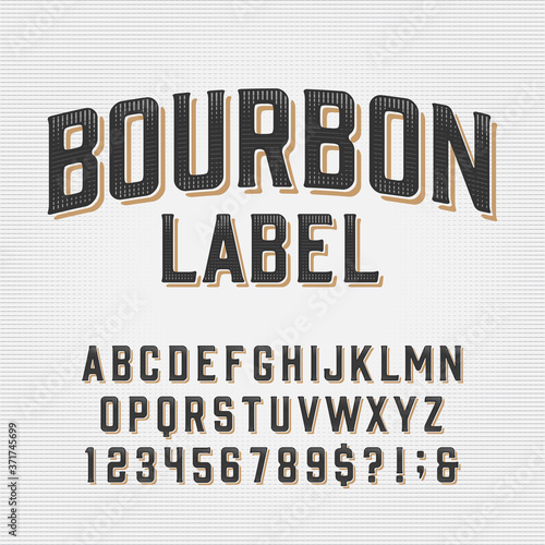 Bourbon Label alphabet font. Scratched vintage letters, numbers and symbols. Vector typescript for your typography design.