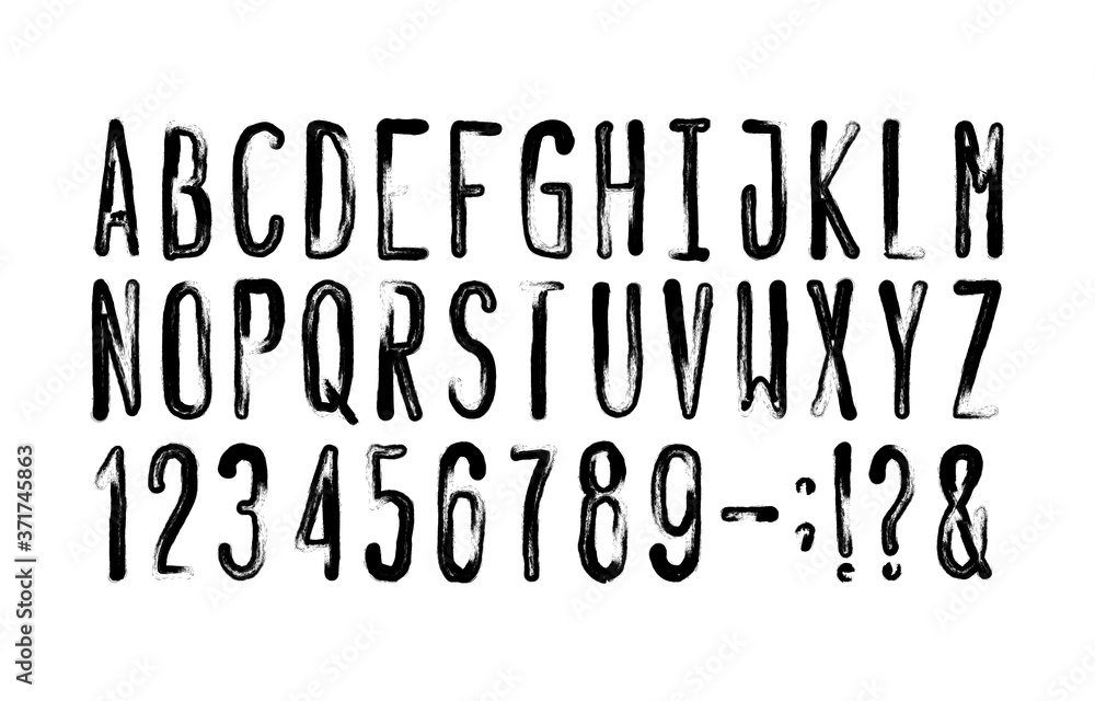 Hand Drawn alphabet font. Messy uppercase letters, numbers and symbols. Stock vector typescript for your design. Hand Drawn alphabet font. Messy uppercase letters, numbers and symbols. Stock vector typescript for your design.