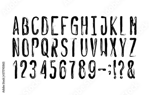 Hand Drawn alphabet font. Messy uppercase letters, numbers and symbols. Stock vector typescript for your design.