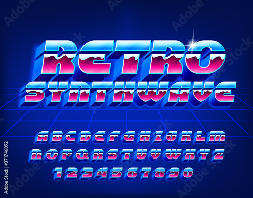 Retro synthwave alphabet font. 3D letters, numbers and symbols in 80s style. Retro-futuristic vector typeface for your typography design.