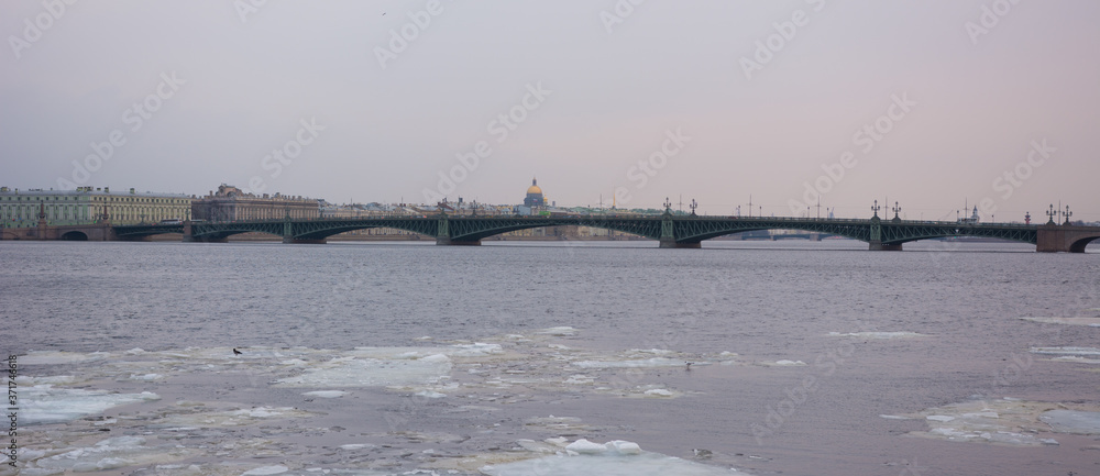 Neva River and Trinity Bridge in Saint Petersburg.