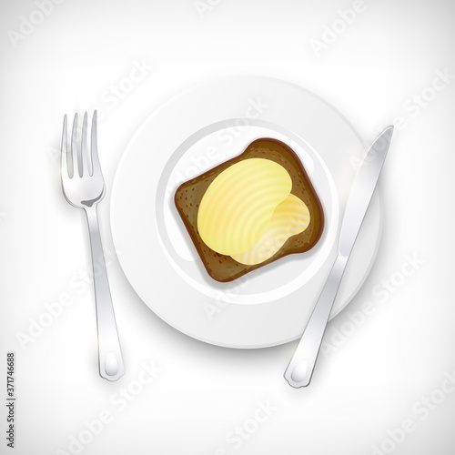 Realistic dark integral bread toast with spread butter on white plate. Fork and knife on plate. Lunch, dinner, breakfast, snack. Healthy food concept.