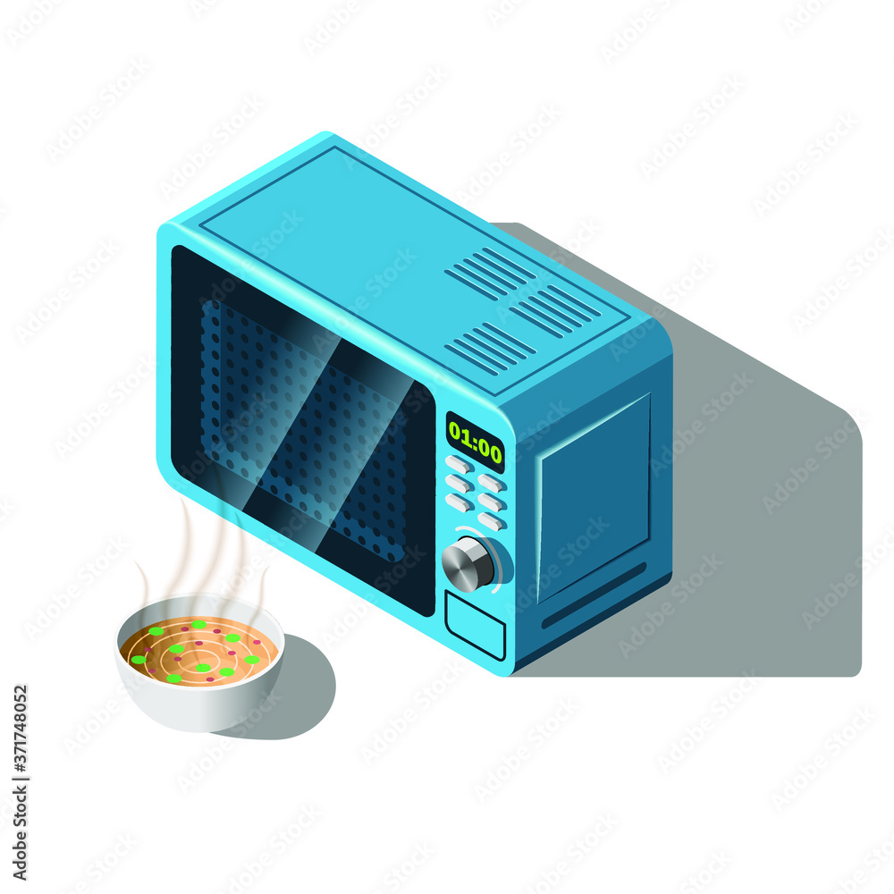 Obraz premium Isometric 3D Kitchen Microwave Oven With Bowl Of Soup Equipment Appliances Element Vector Design Style