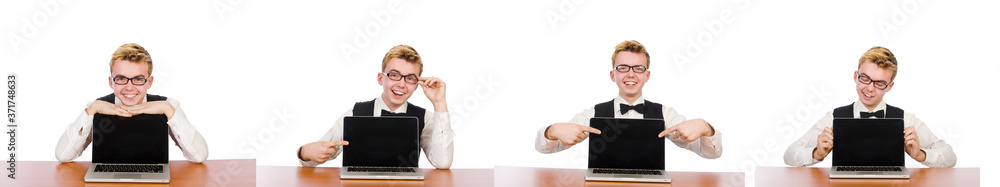 Smart student sitting with laptop isolated on white Smart student sitting with laptop isolated on white