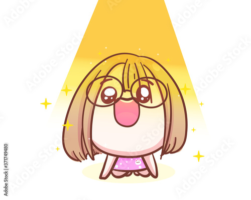 Character of happy girl blessed by holy light isolated on white background with hope or gladness concept.