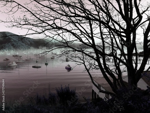 Foggy sunrise in bay