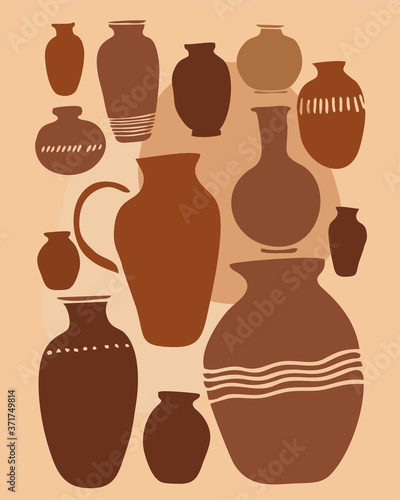 Vertical poster with terracotta vases of different shapes and sizes. A set of jars, vessels for the ceramic workshop. Decorative banner about the art of pottery. Flat minimalistic vector illustration.