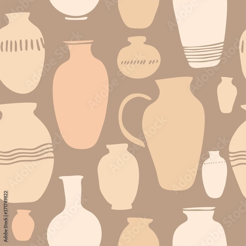 Decorative seamless pattern with terracotta vases of different shapes and sizes. Background with cut-out shapes of jugs, vessels for the ceramic store. Minimalistic natural print. Vector illustration.