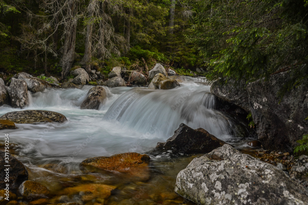 Fototapeta premium Waterfall flows down the stones. Trekking through the mountains along the waterfalls. High Tatras (High Tatras, High Tatras, Magas-Tatras)
