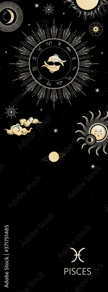 Zodiac background. Constellation Pisces. Antique style. Vertical banner. Zodiac background. Constellation Pisces. Antique style. Vertical banner.