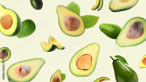 Fresh ripe avocados falling on white background, banner design