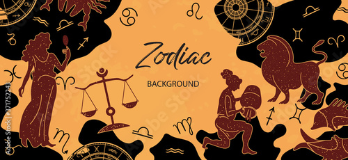 Zodiac background. Astrological horoscope. Horizontal banner with the zodiac signs.