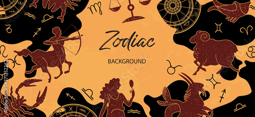 Zodiac background. Astrological horoscope. Horizontal banner with the zodiac signs.