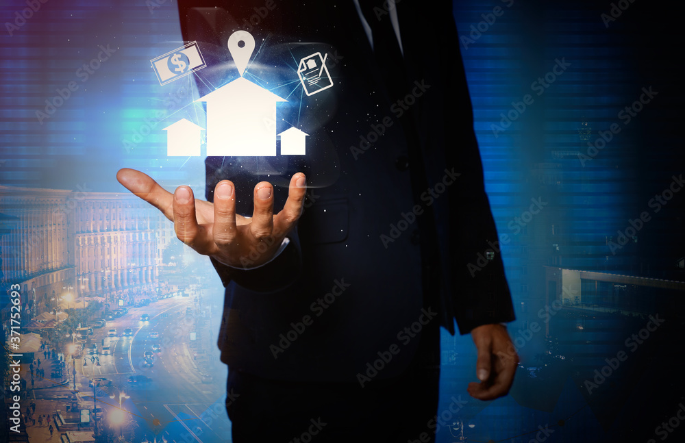 Double exposure of real estate agent with house illustration and night city Double exposure of real estate agent with house illustration and night city
