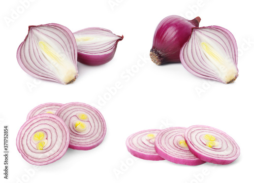 Set of red cut and whole onion on white background
