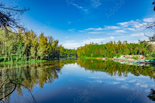 lake pristine with green forest water reflection and bright blue sky at morning