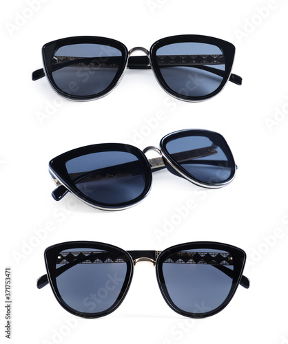 Collage with stylish sunglasses on white background