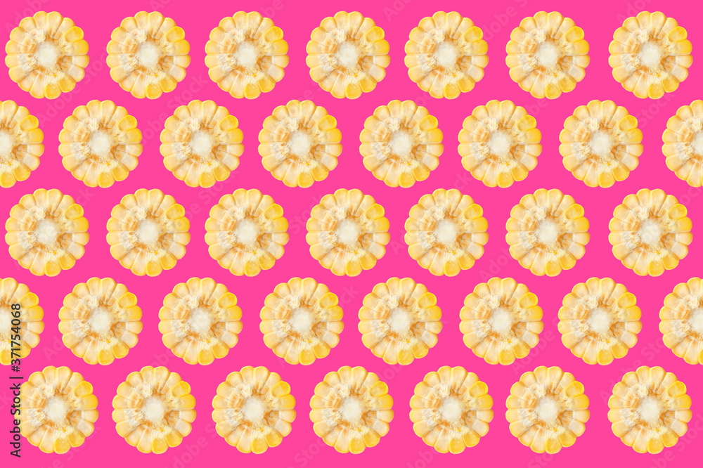 Collage with corn cob pieces on pink background, pattern design