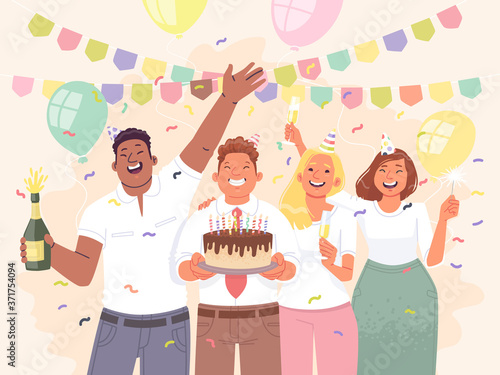 Happy colleagues are celebrating a birthday in the office. Business men and women having fun at the party.