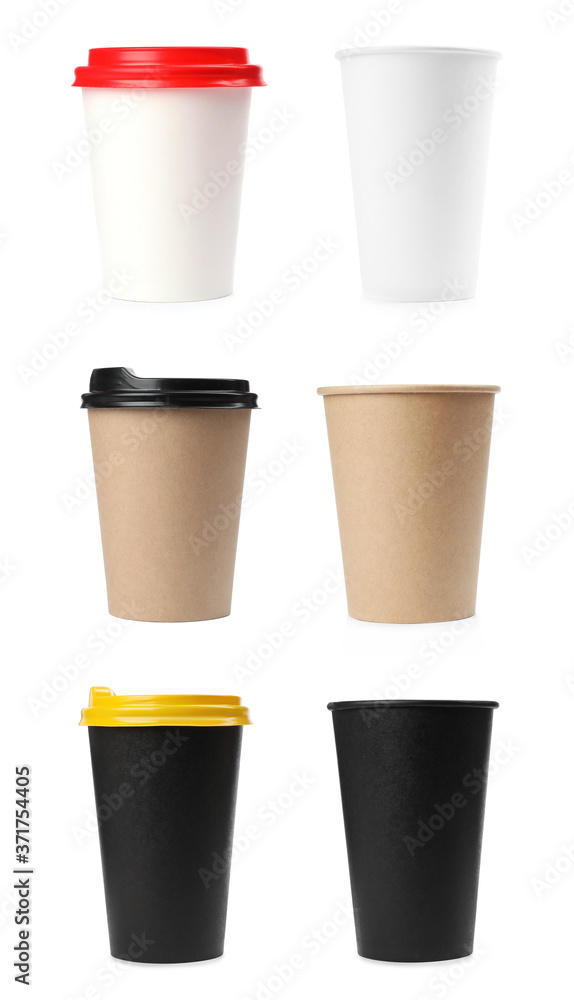 Set of paper coffee cups on white background Set of paper coffee cups on white background