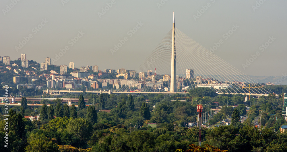 Belgrade cityscape and Ada bridge over Sava river in Belgrade, Serbia