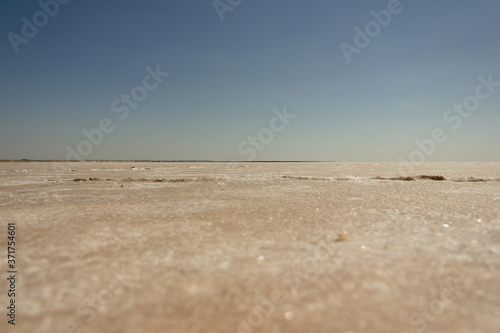 Close-up of sand on the beach of the salty pink lake Bursol (Altai Territory). photo