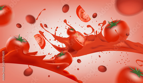 Sliced tomato and tomato with splashing on red background