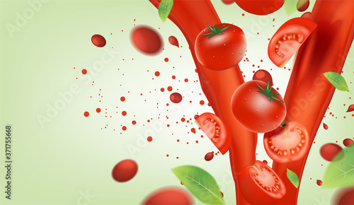 Splashing tomato juice on green background