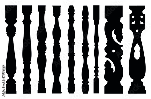 Photo baluster set silhouette different types of balustrade turned wood collection vec
