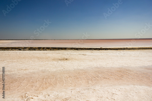 Close-up of sand on the beach of the salty pink lake Bursol (Altai Territory). photo