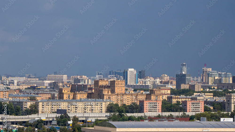 Aerial view of Moscow city. Center of Moscow. House roof