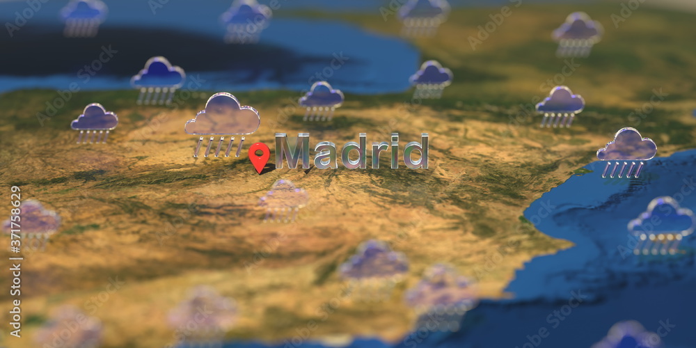 Rainy weather icons near Madrid city on the map, weather forecast related 3D rendering Rainy weather icons near Madrid city on the map, weather forecast related 3D rendering