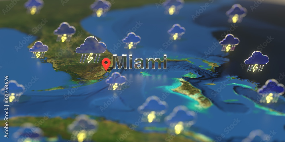 Miami city and stormy weather icon on the map, weather forecast related 3D rendering Miami city and stormy weather icon on the map, weather forecast related 3D rendering