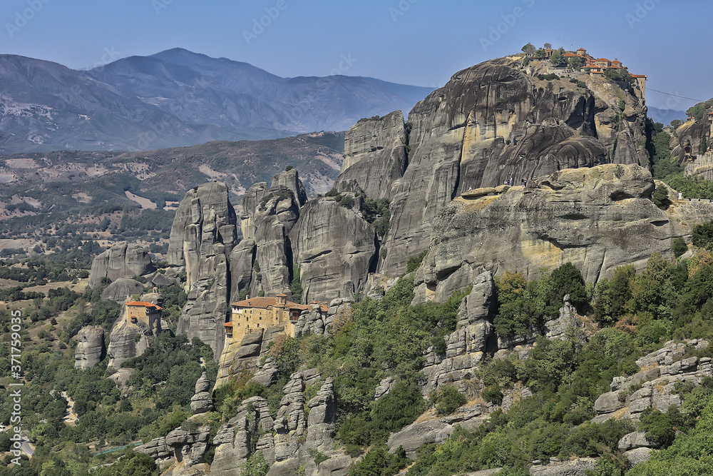Meteora greece monastery landscape, orthodox monastery in the mountains, christianity, faith view