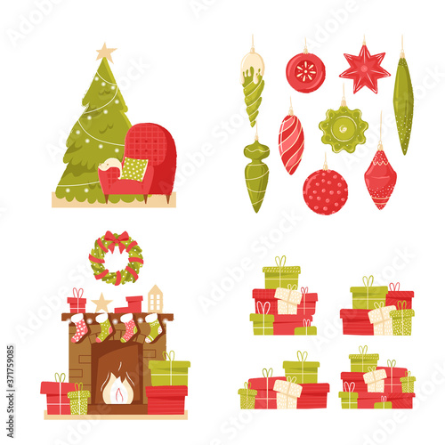 Classic brick fireplace and christmas tree with Christmas socks, presents and gifts on a neutral background. Cozy new year's interior. New year vector illustration in flat style for web banner