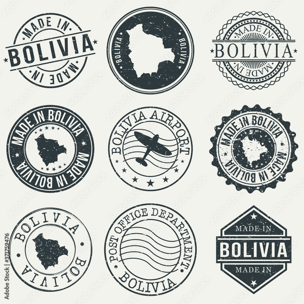 Bolivia Set of Stamps. Travel Stamp. Made In Product. Design Seals Old Style Insignia. Bolivia Set of Stamps. Travel Stamp. Made In Product. Design Seals Old Style Insignia.