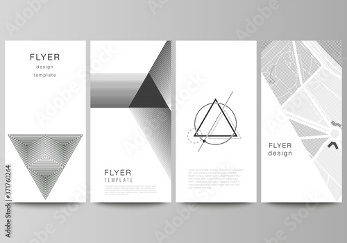 The minimalistic vector illustration of the editable layout of flyer, banner design templates. Abstract geometric triangle design background using different triangular style patterns.