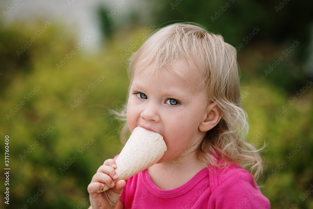 baby girl eat ice scream in the city, happy and smile baby girl eat ice scream in the city, happy and smile