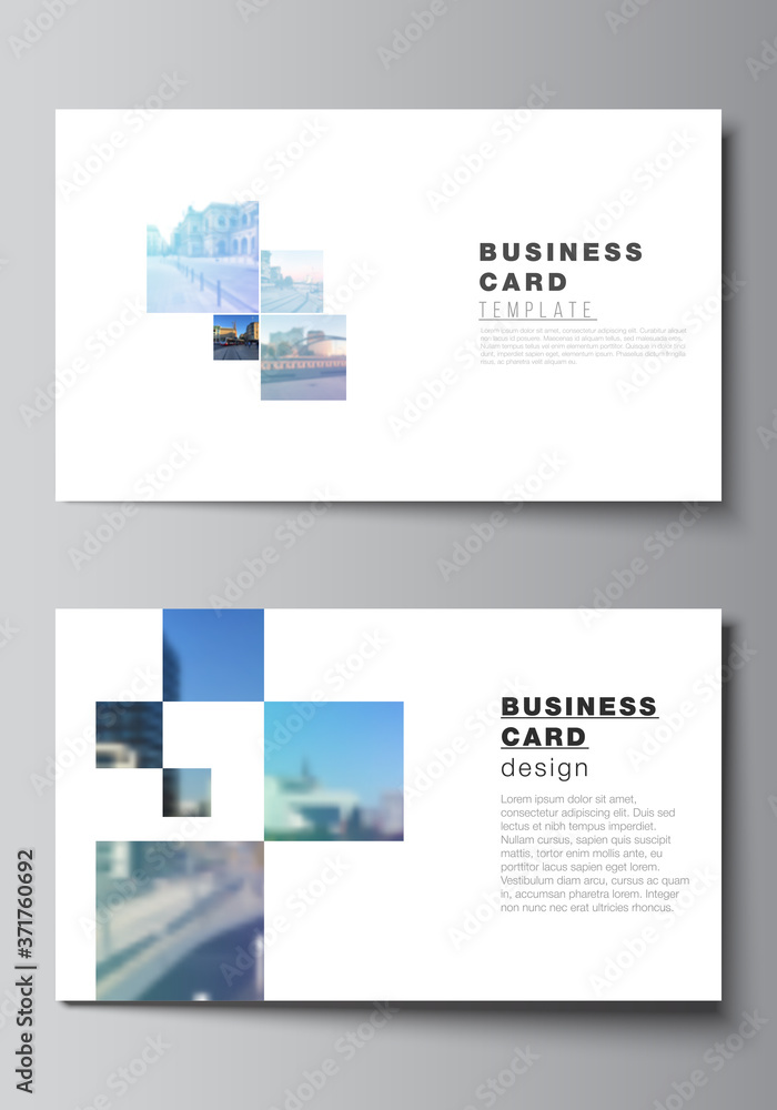 Fototapeta premium Vector layout of two creative business cards design templates, horizontal template vector design. Abstract design project in geometric style with blue squares.