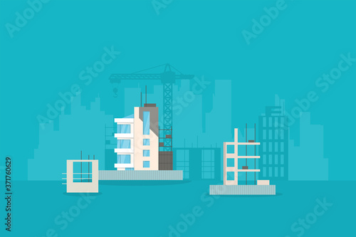 New building construction. Architecture city development. Building crane, half built houses and fence. New, modern exteriors and facades. City with skyscrapers on background.