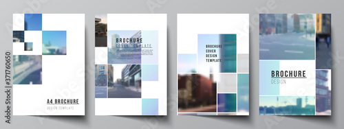 Vector layout of A4 format cover mockups templates for brochure, flyer layout, booklet, cover design, book design, brochure cover. Abstract design project in geometric style with blue squares.